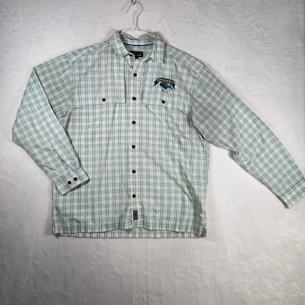 Patagonia Vtg Plaid Fishing Shirt L‎ Turneffe Flats Belize Logo Outdoor Travel